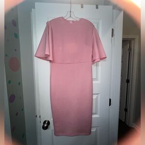 Pink Bodycon Ruffle Flared Short Sleeve Pencil Midi Dress